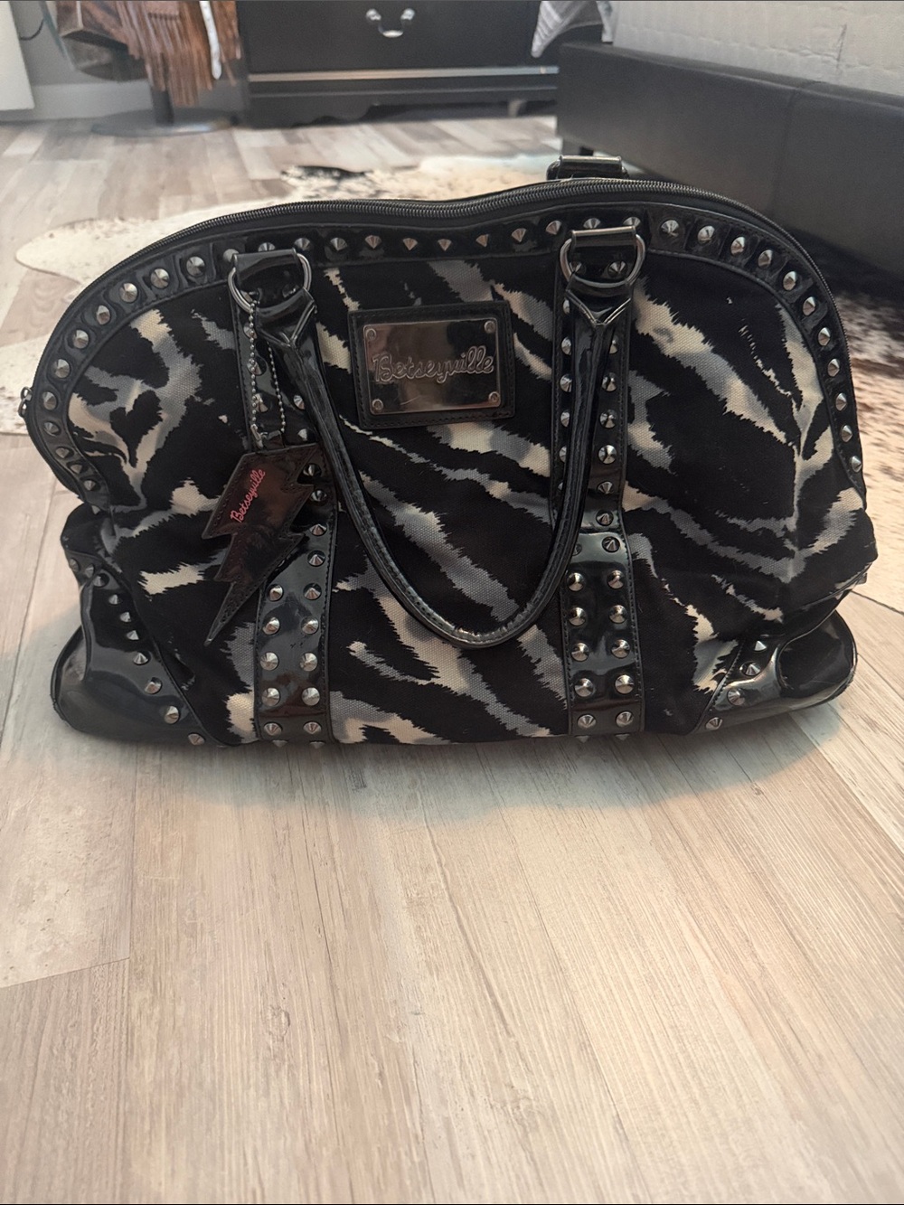 Betsey Johnson Black & White Zebra Studded Duffel